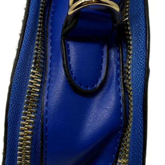 NY Logo Round Handbag Blue Gold Floral Accent Purse - Picture 4 of 6